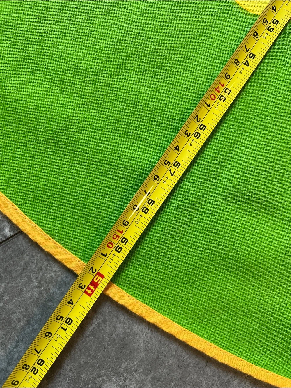 Vintage MCM deadstock 5’ round 60”  vibrant green, yell & orange tablecloth